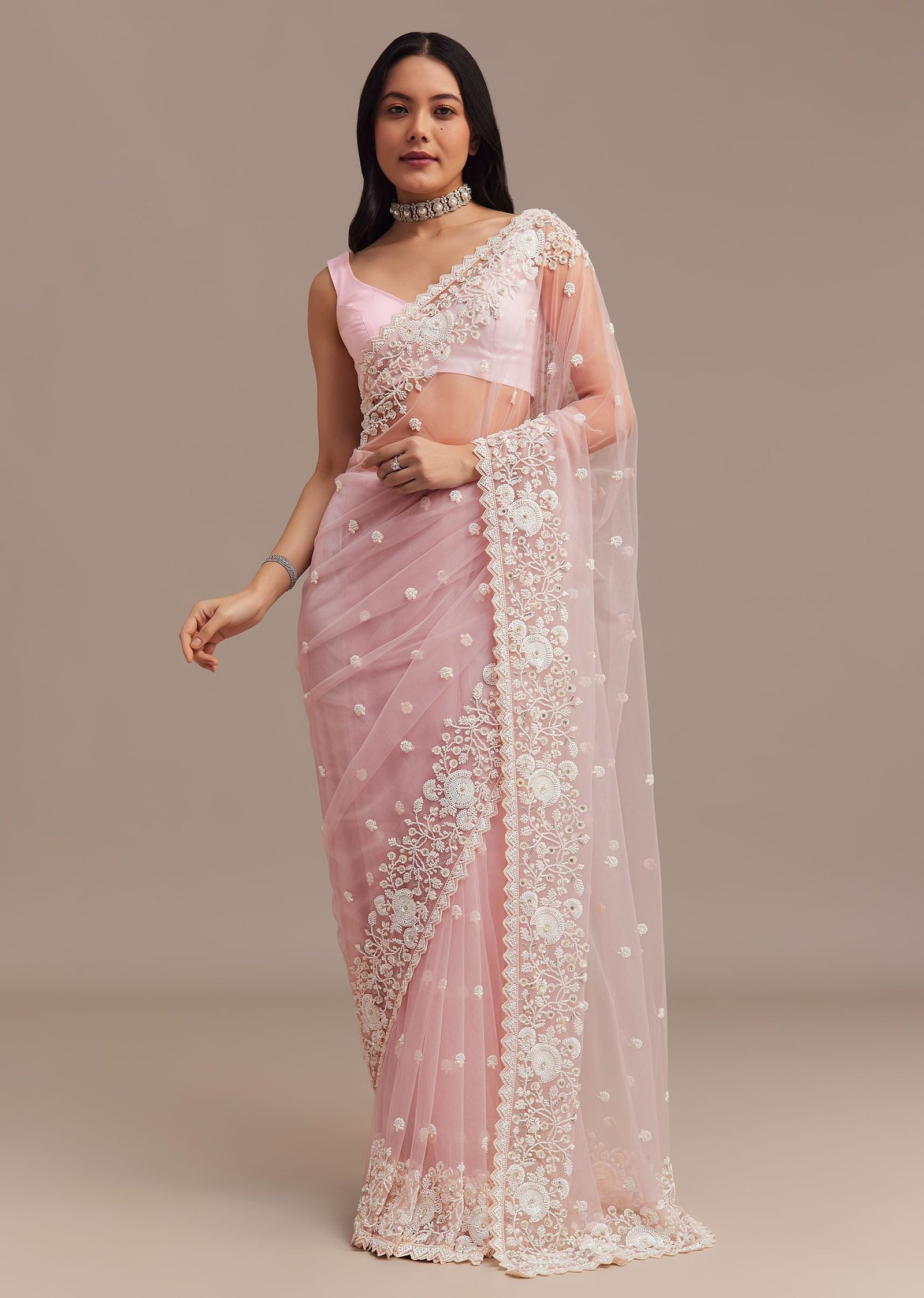 Powder Pink Net Saree Embroidered With Beads And Sequins - Image 3