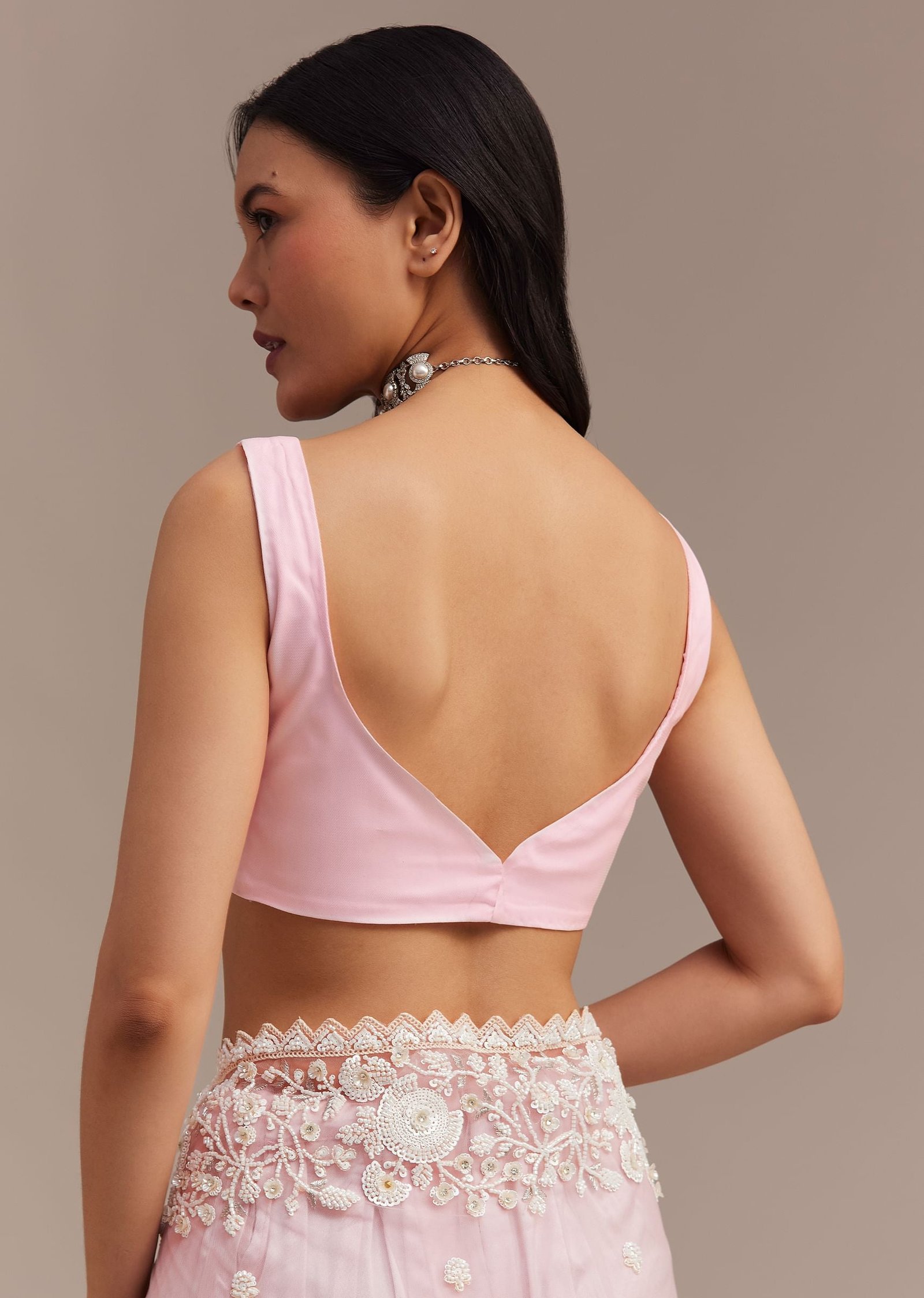 Powder Pink Net Saree Embroidered With Beads And Sequins - Image 8