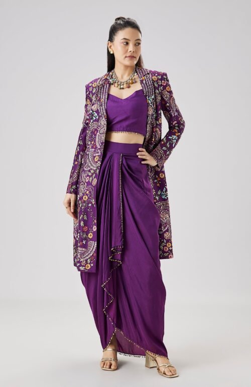 Purple Printed Silk Crop Top Skirt Set With Embellished Jacket