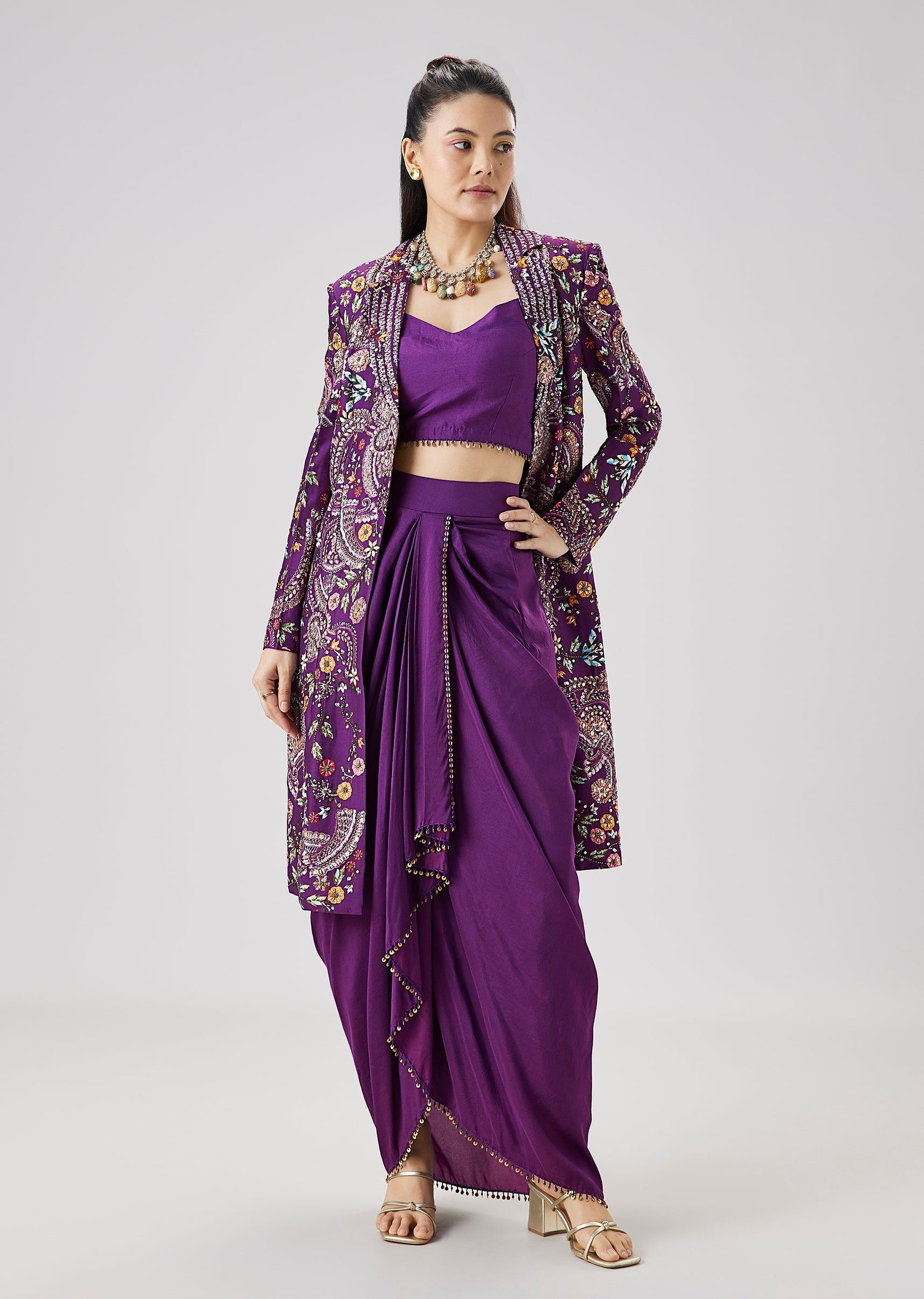 Purple Printed Silk Crop Top Skirt Set With Embellished Jacket