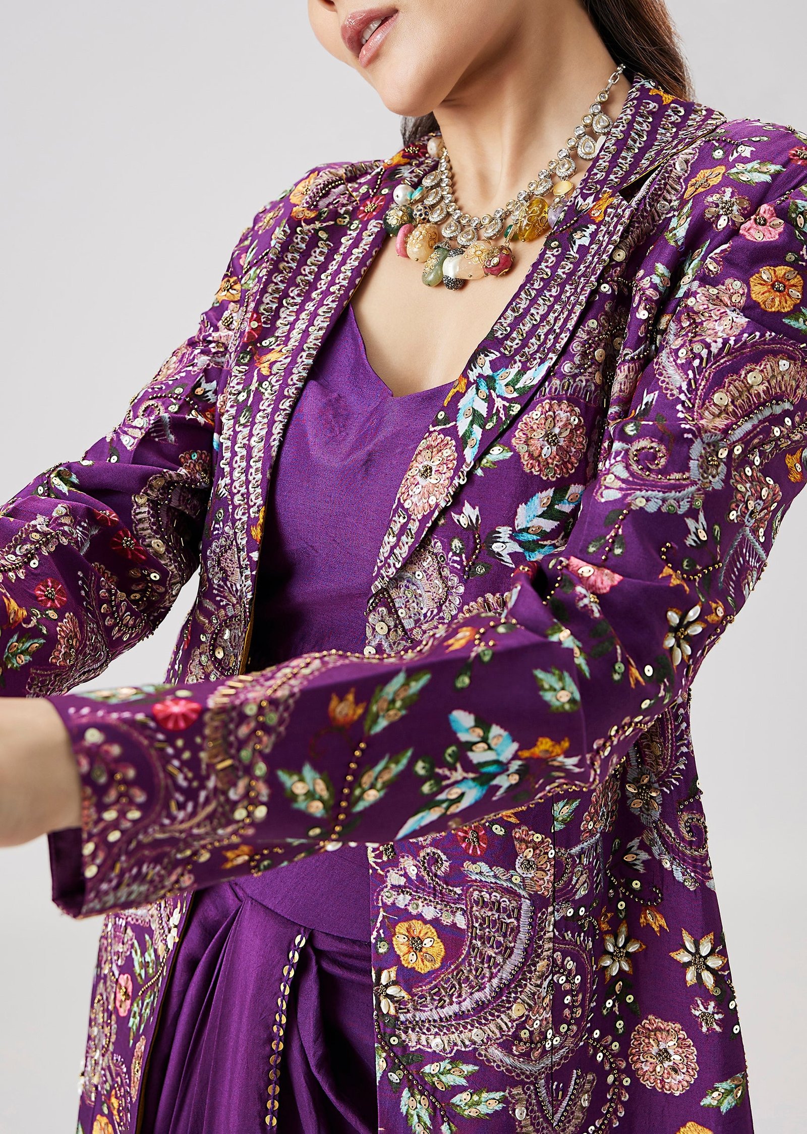 Purple Printed Silk Crop Top Skirt Set With Embellished Jacket - Image 2