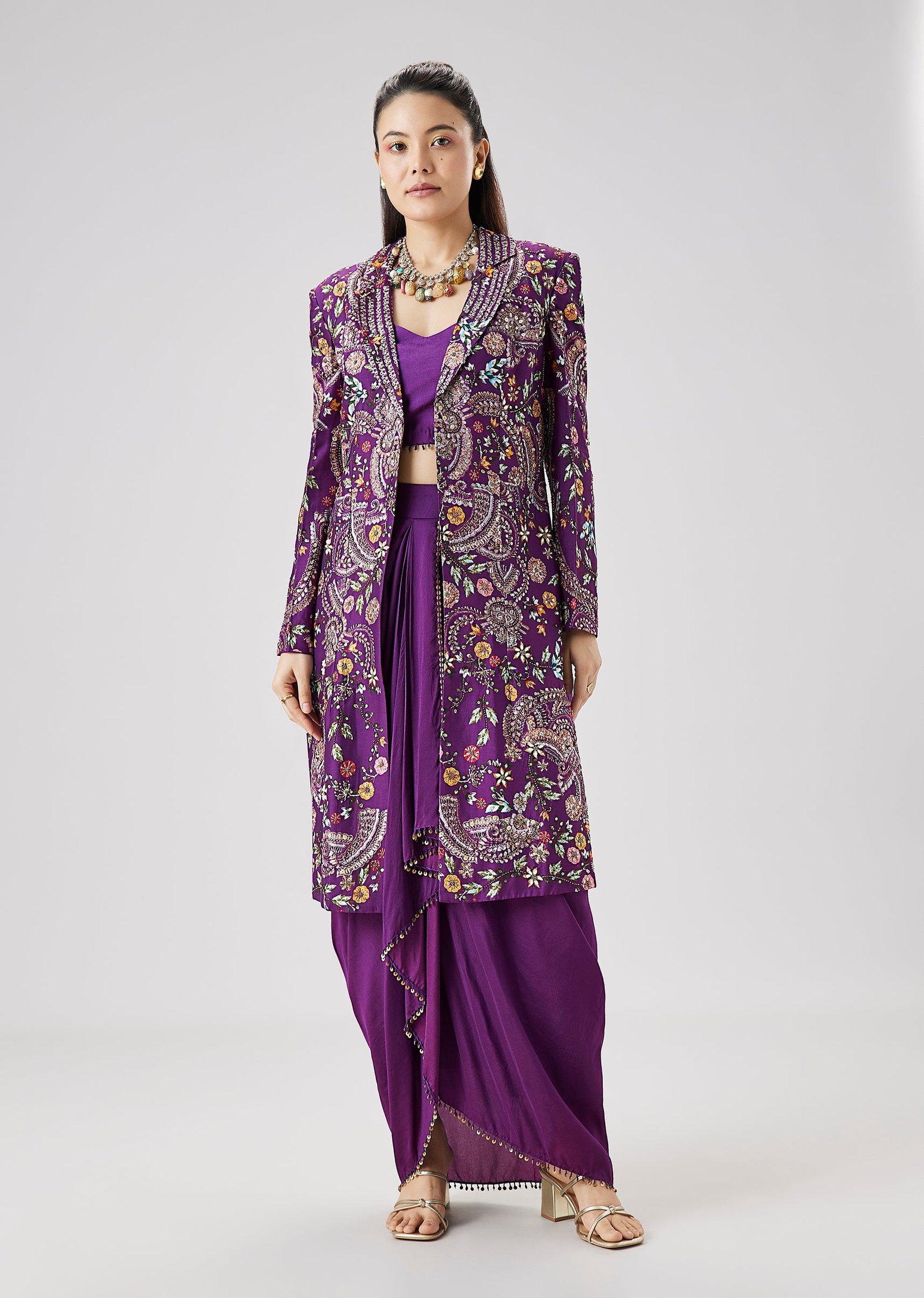 Purple Printed Silk Crop Top Skirt Set With Embellished Jacket - Image 3