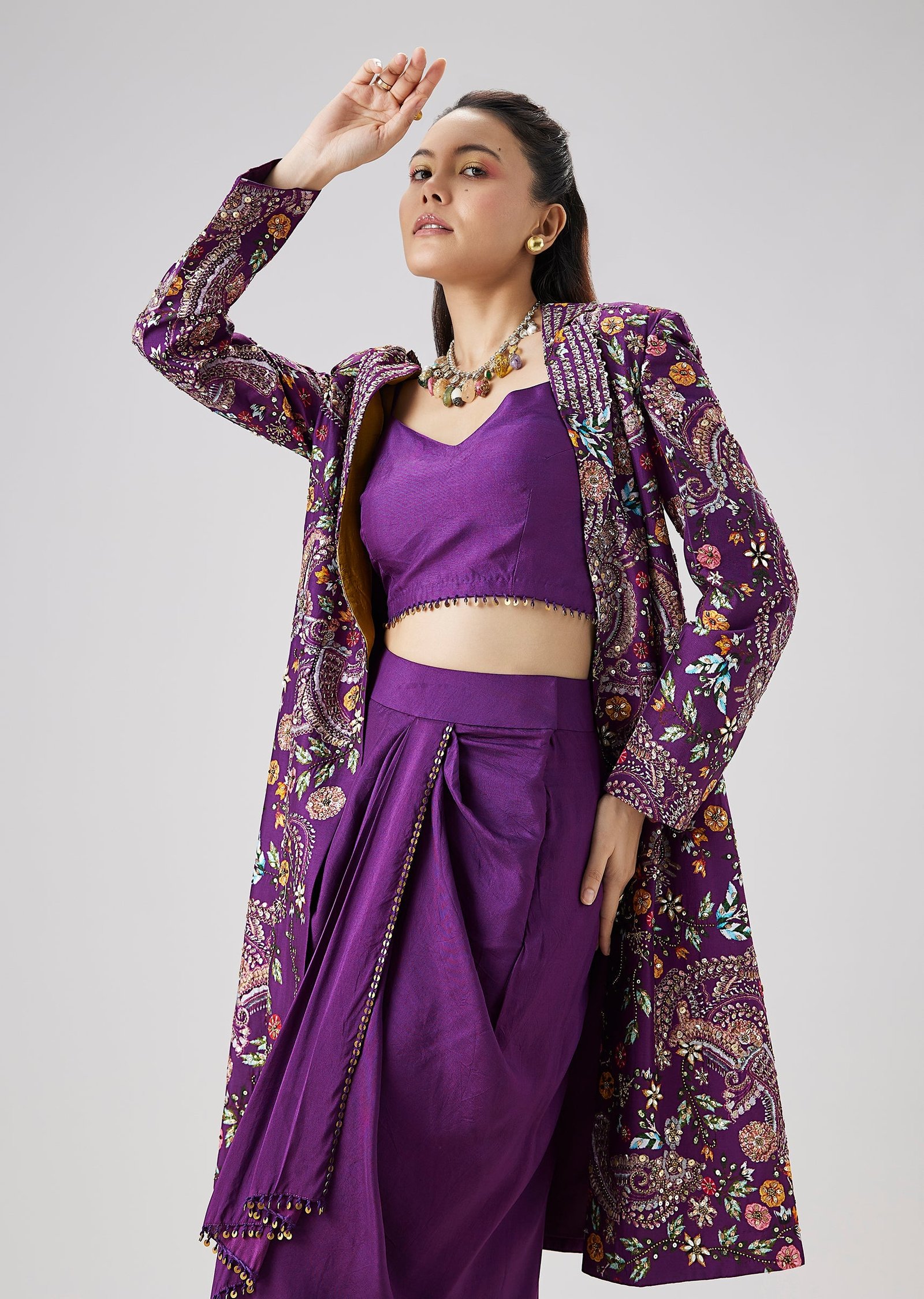 Purple Printed Silk Crop Top Skirt Set With Embellished Jacket - Image 4