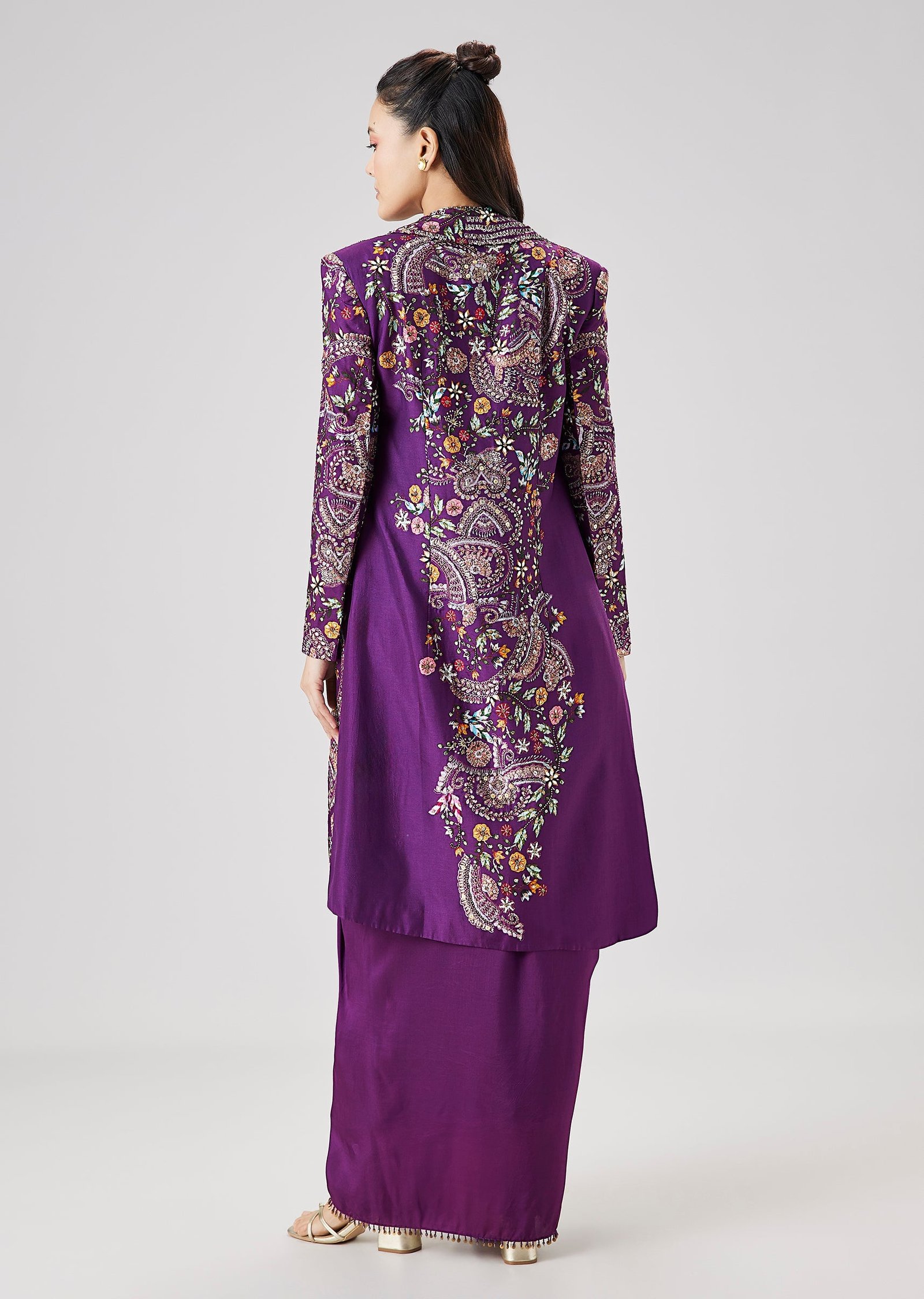 Purple Printed Silk Crop Top Skirt Set With Embellished Jacket - Image 5