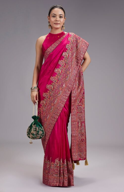 Rani Pink Dola Silk Saree With Multicolour Woven Border And Pallu
