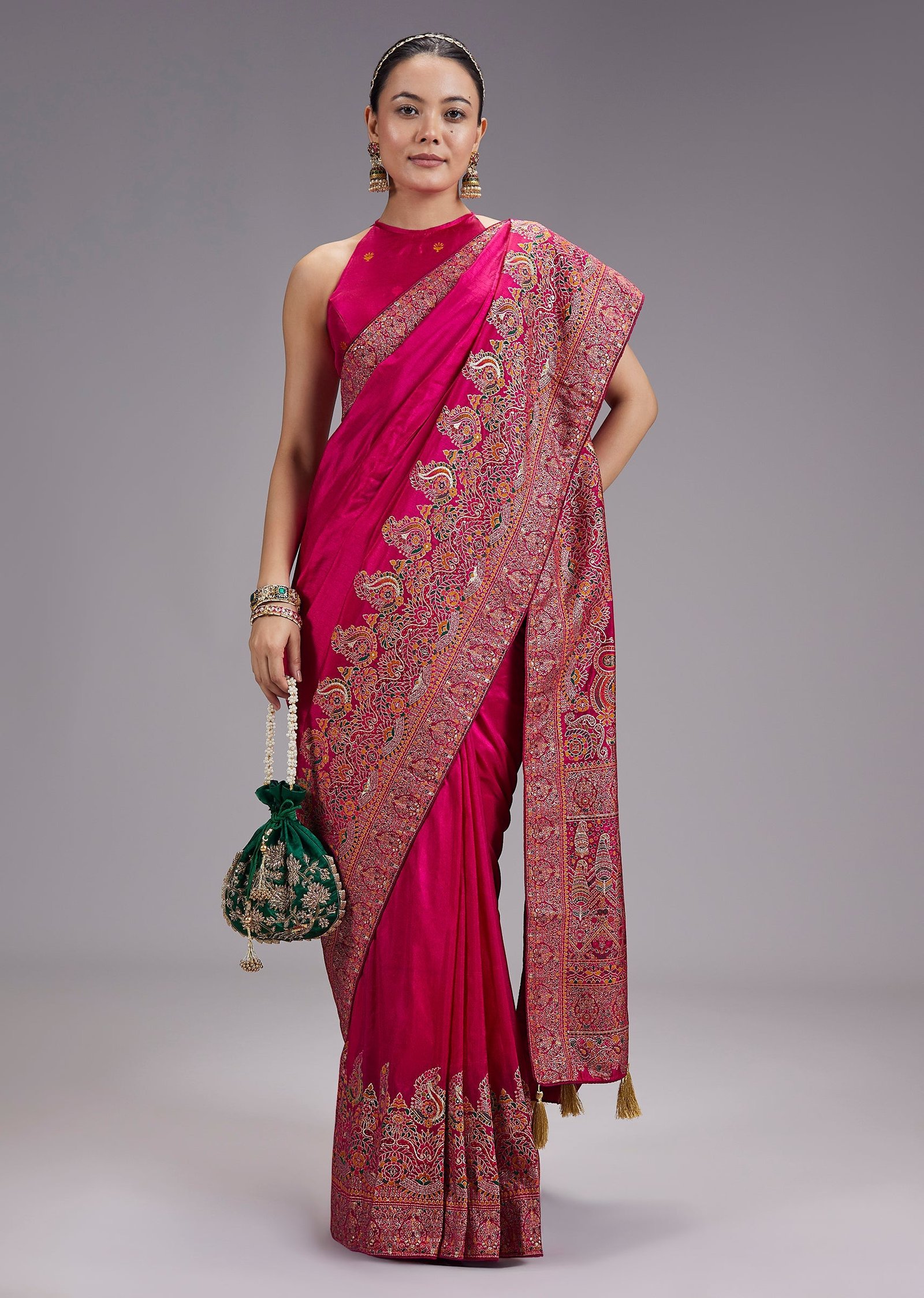 Rani Pink Dola Silk Saree With Multicolour Woven Border And Pallu