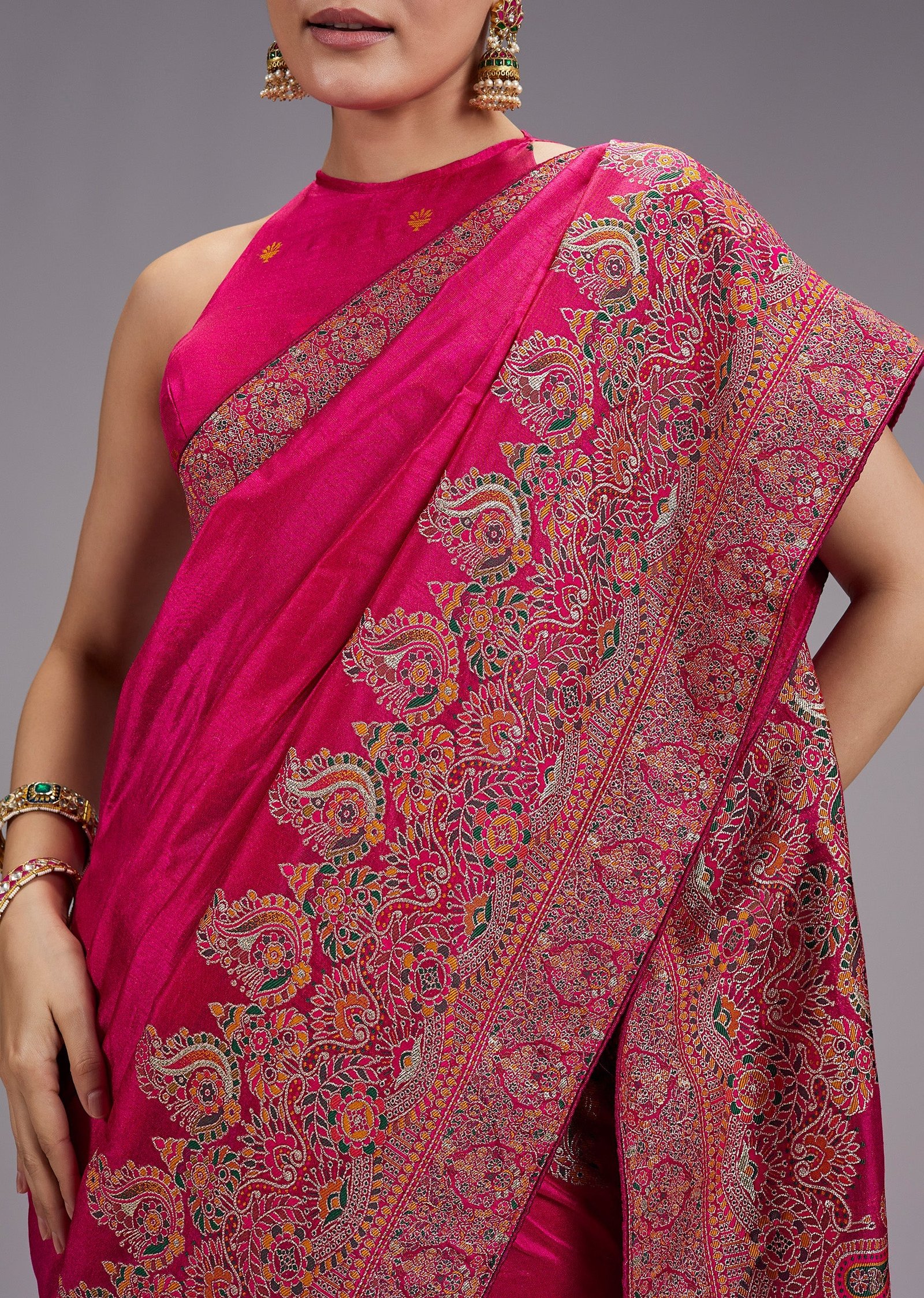 Rani Pink Dola Silk Saree With Multicolour Woven Border And Pallu - Image 2
