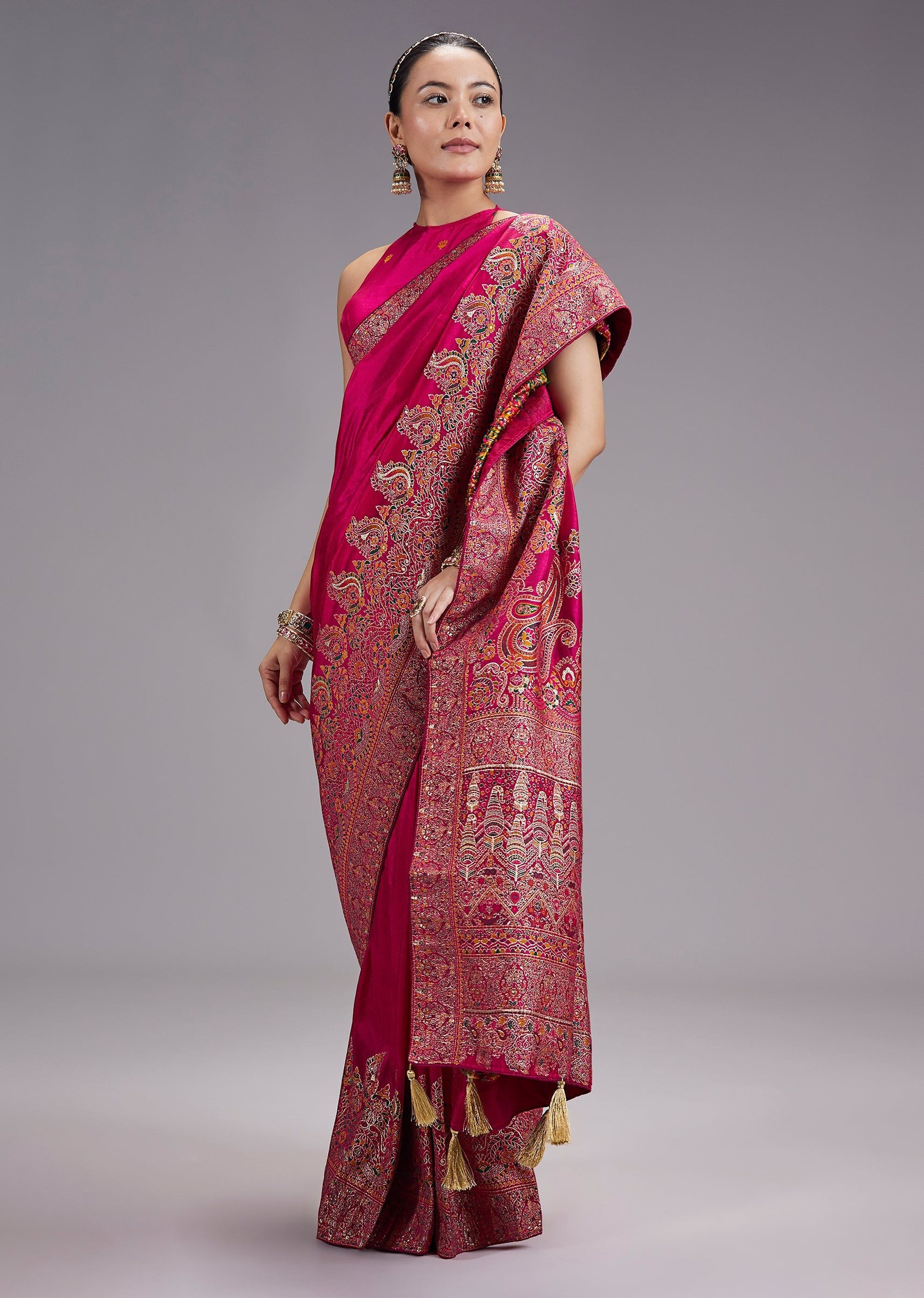 Rani Pink Dola Silk Saree With Multicolour Woven Border And Pallu - Image 3