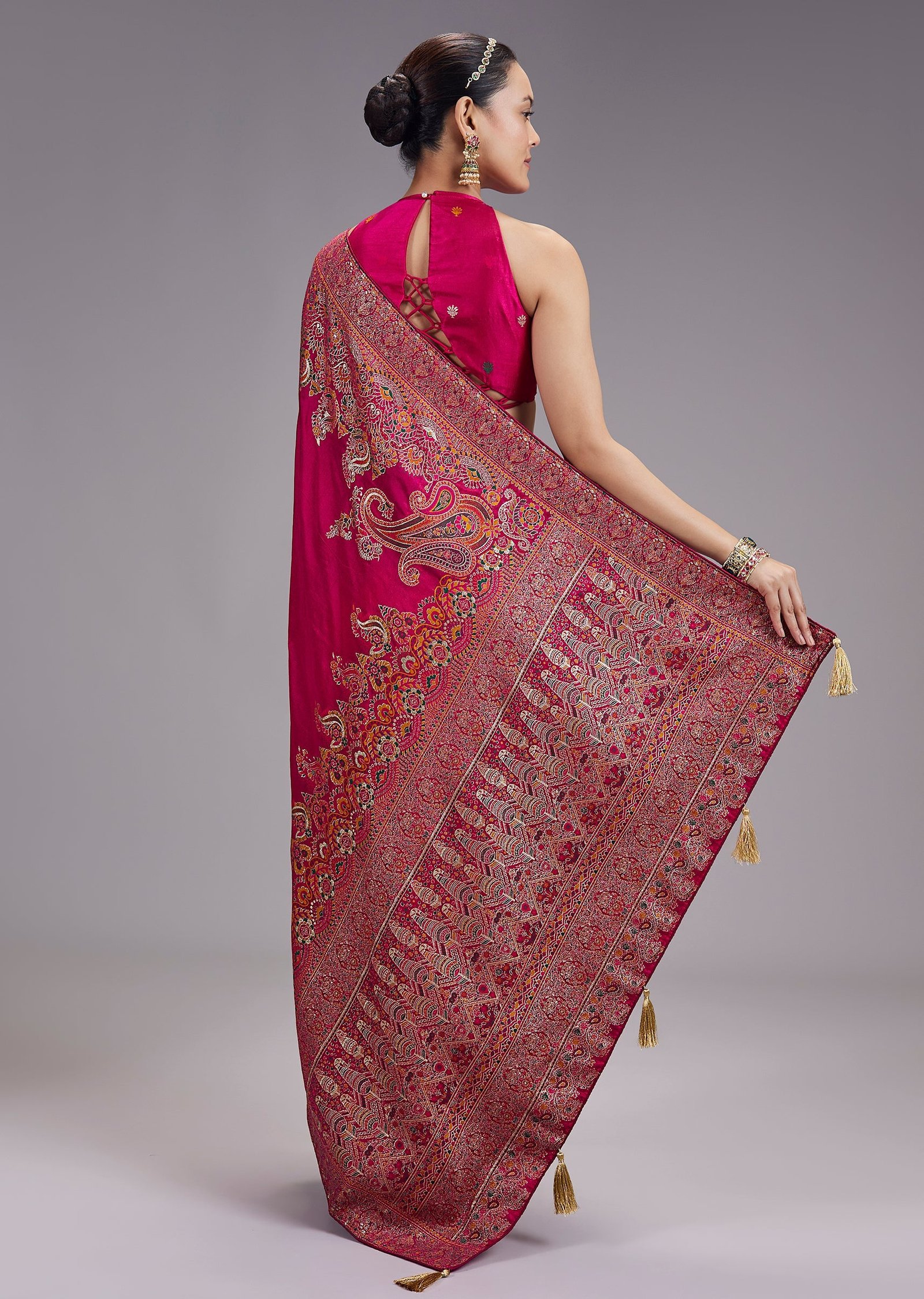 Rani Pink Dola Silk Saree With Multicolour Woven Border And Pallu - Image 4