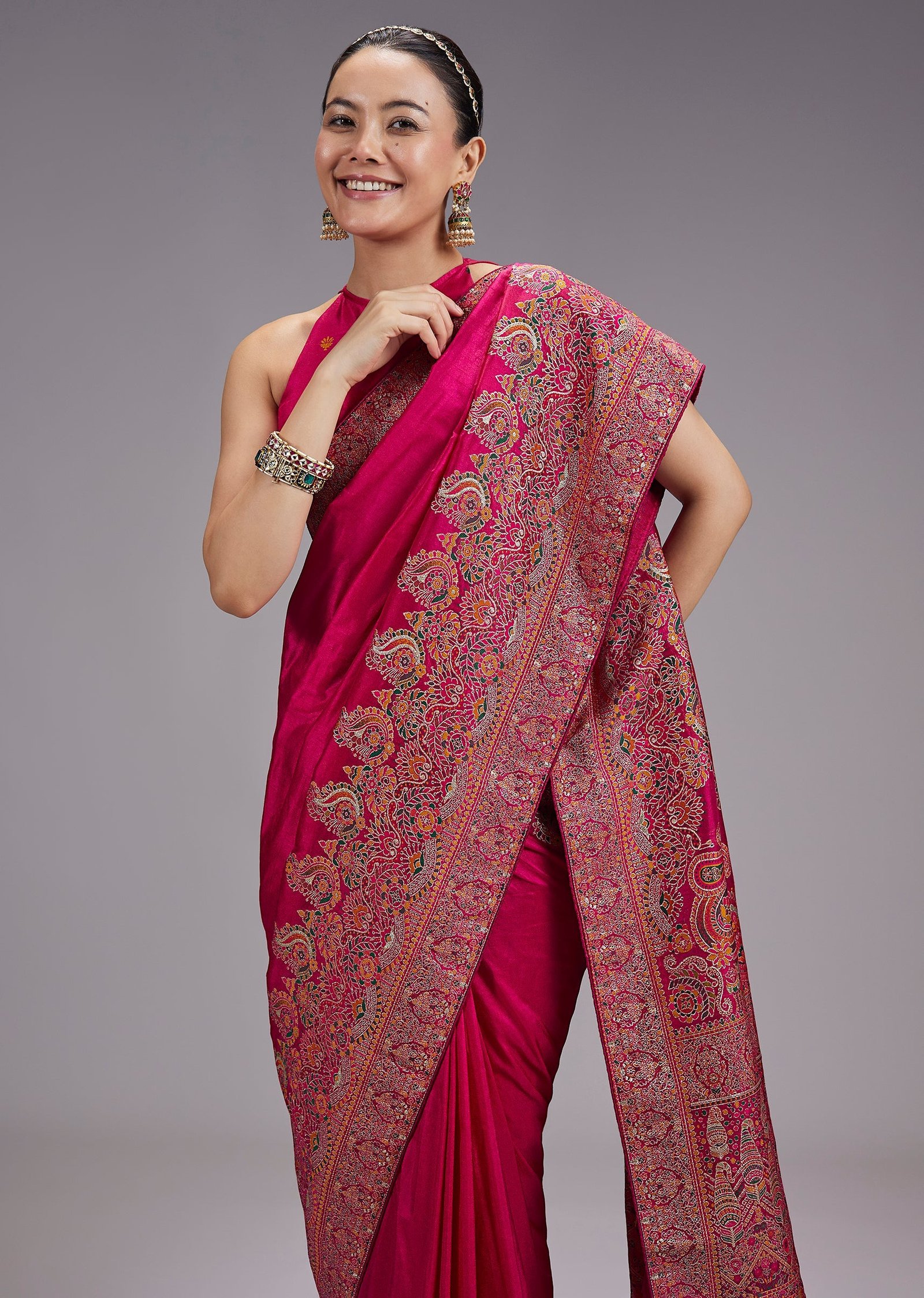 Rani Pink Dola Silk Saree With Multicolour Woven Border And Pallu - Image 5