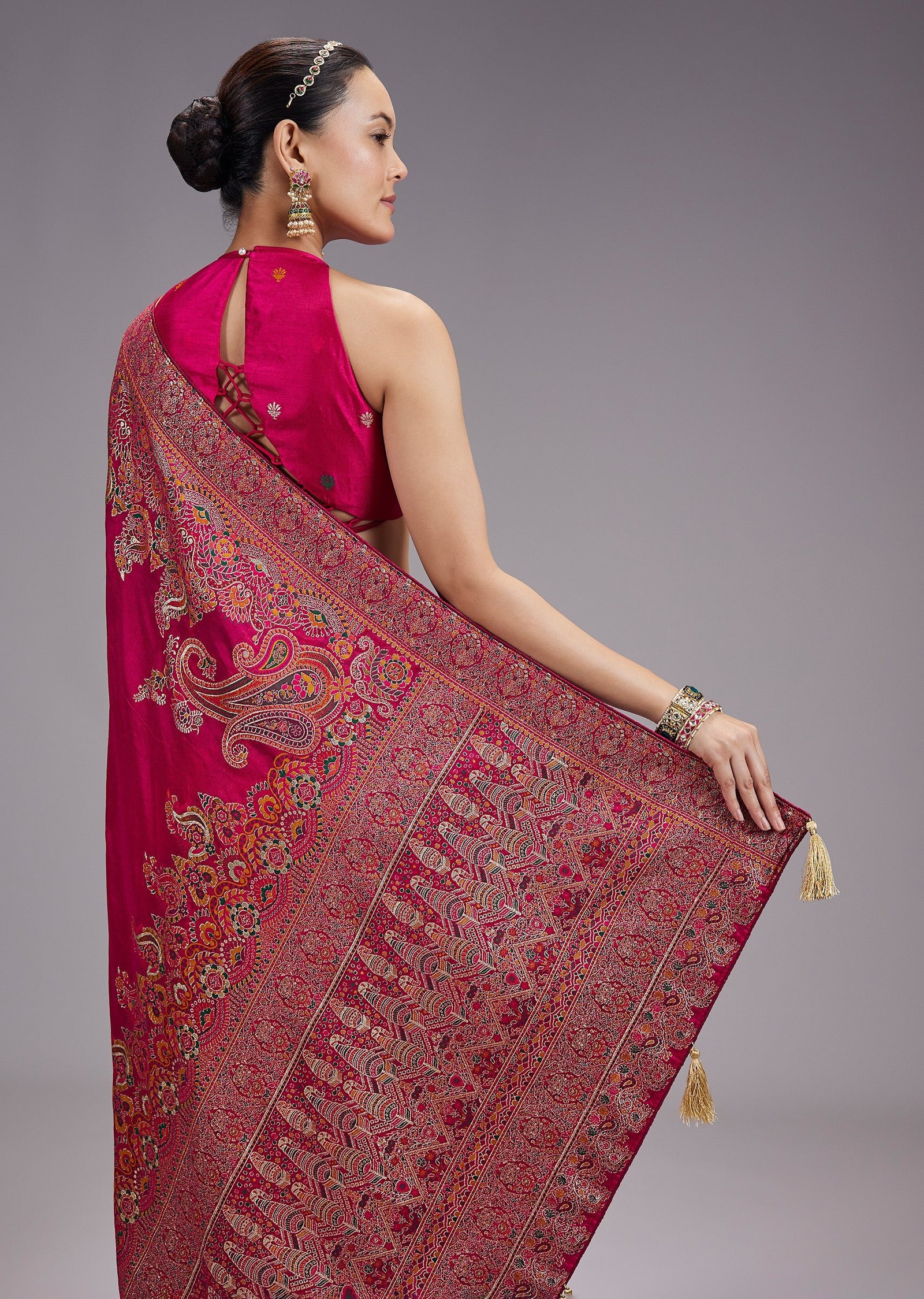 Rani Pink Dola Silk Saree With Multicolour Woven Border And Pallu - Image 6