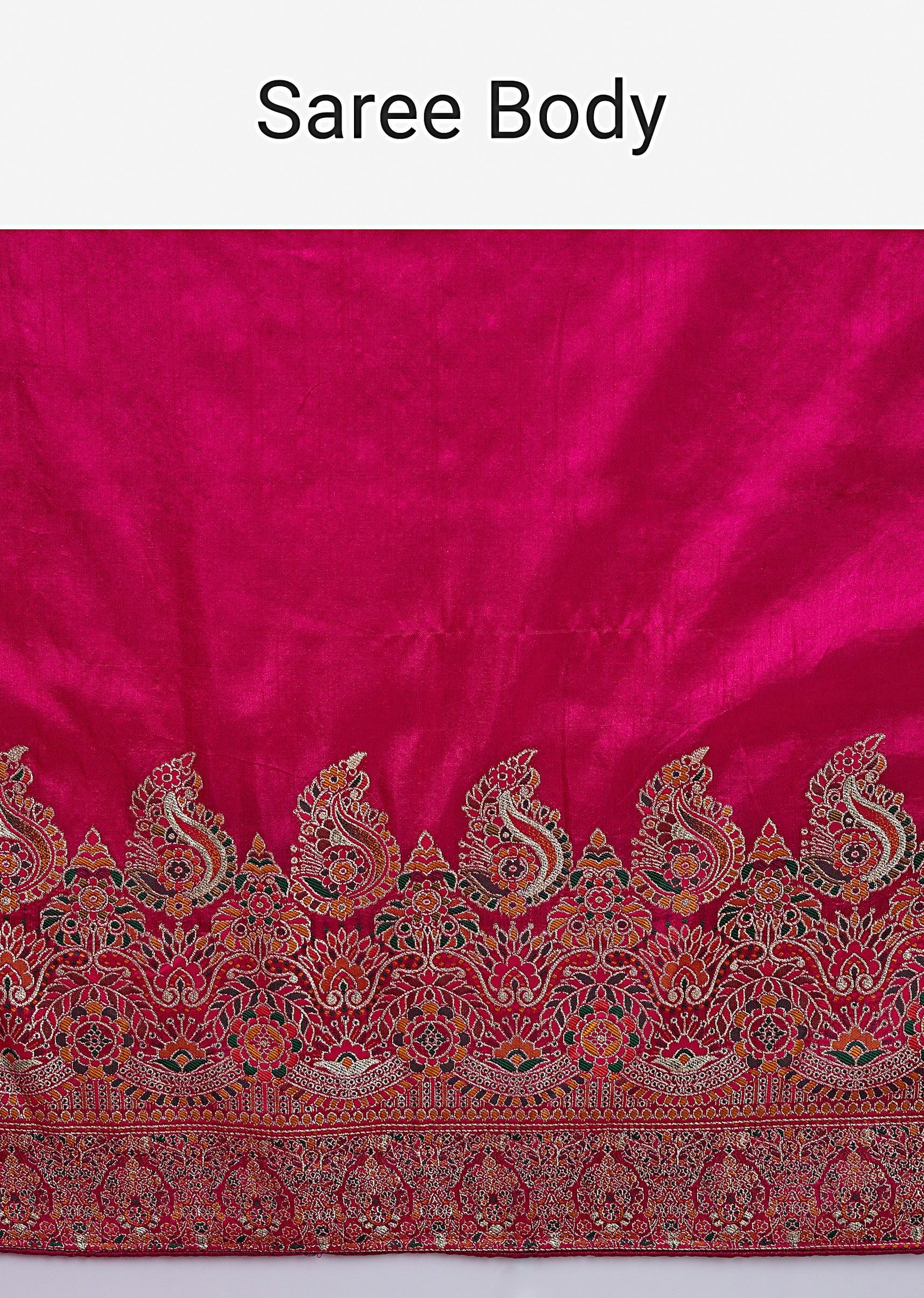 Rani Pink Dola Silk Saree With Multicolour Woven Border And Pallu - Image 9