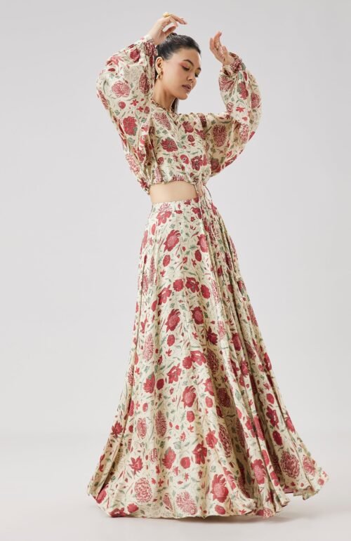 Red Floral Printed Crop Top And Skirt Set