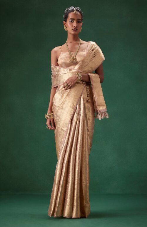 Rose Gold Banarasi Silk Weave Saree with Unstitched Blouse