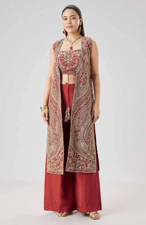 Rust Zari And Resham Embroidered Crop Top Palazzo Set With Jacket