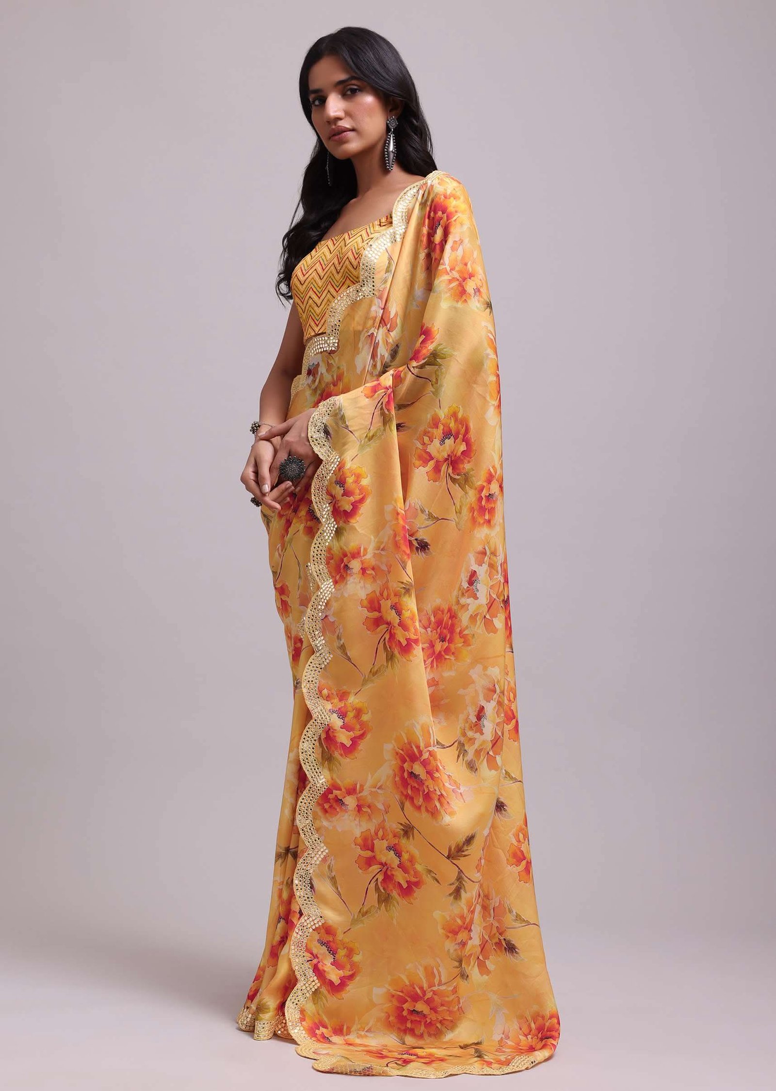 Amber Yellow Festive Saree In Muslin With Floral Prints And Gota Patti Border Work - Image 4