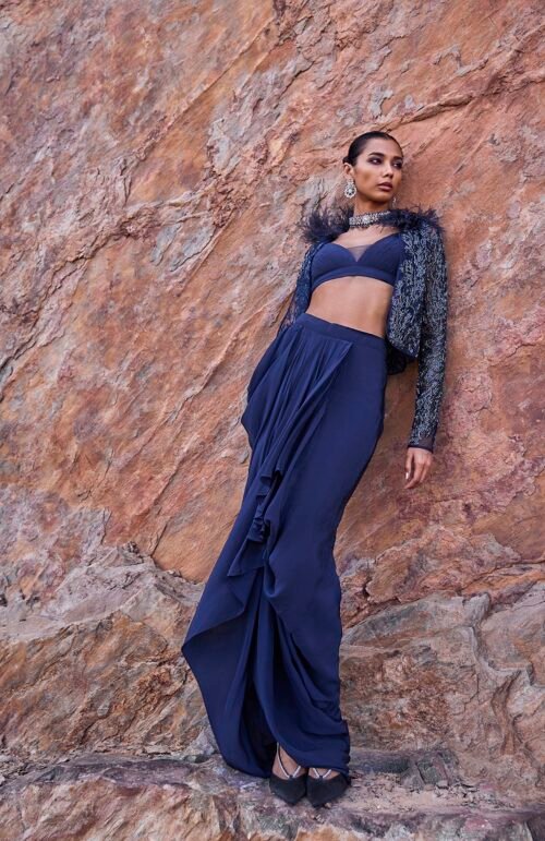 Midnight Blue Feathered Jacket With Draped Skirt And Bustier