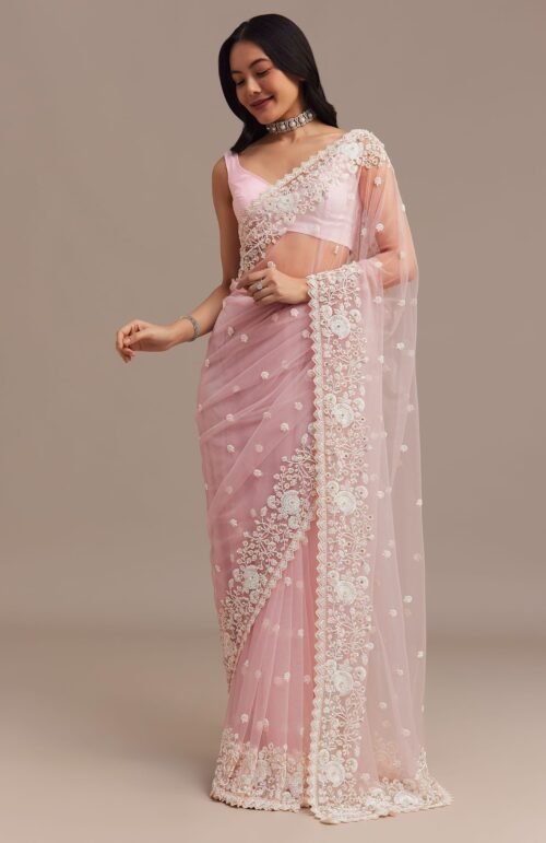 Powder Pink Net Saree Embroidered With Beads And Sequins