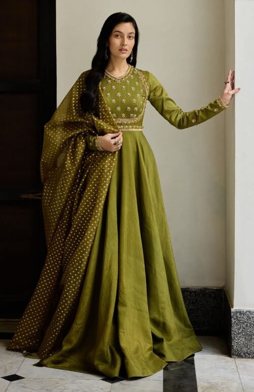 Mehendi Green Tussar Anarkali Suit With Cutdana Embroidery