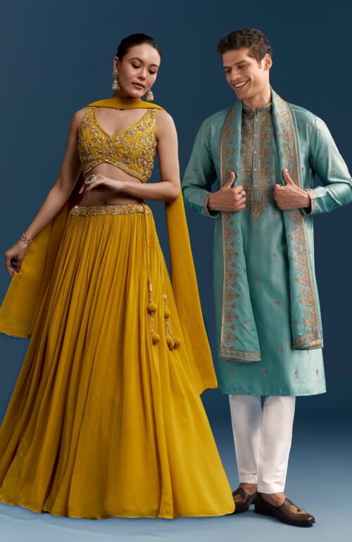 Sunshine Duo Couple Set – Yellow Georgette Bridesmaid Lehenga for Her And Blue Silk Thread Embroidered Kurta Set for Him