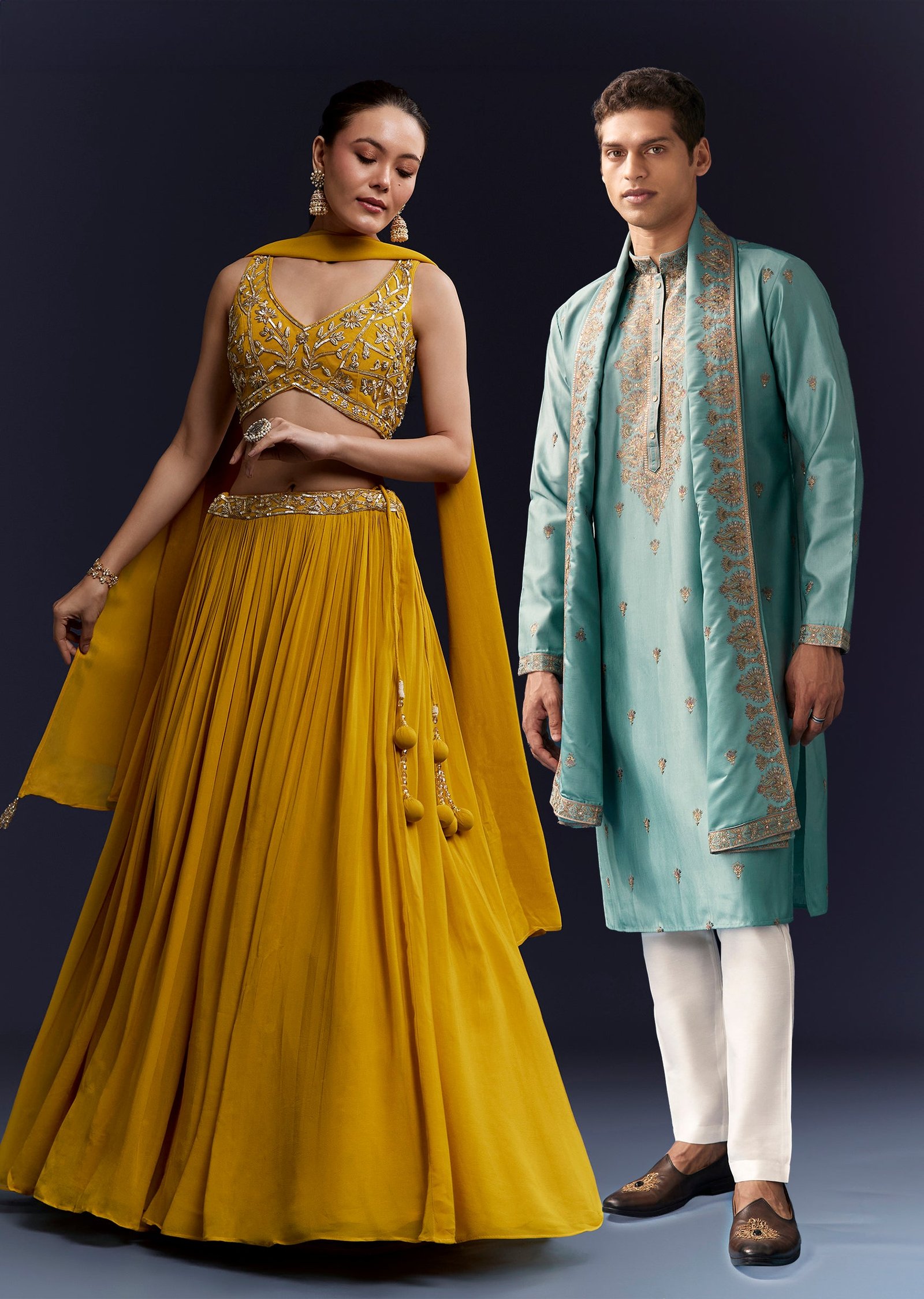 Sunshine Duo Couple Set – Yellow Georgette Bridesmaid Lehenga for Her And Blue Silk Thread Embroidered Kurta Set for Him - Image 2