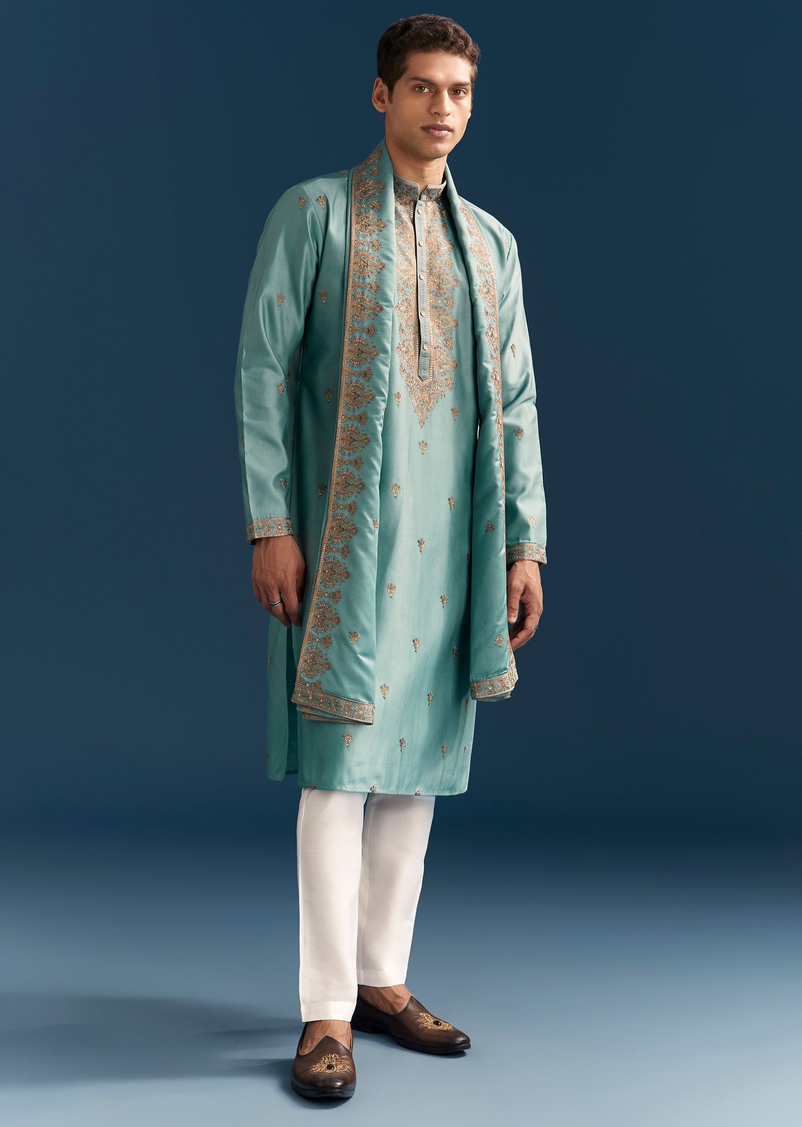 Sunshine Duo Couple Set – Yellow Georgette Bridesmaid Lehenga for Her And Blue Silk Thread Embroidered Kurta Set for Him - Image 11