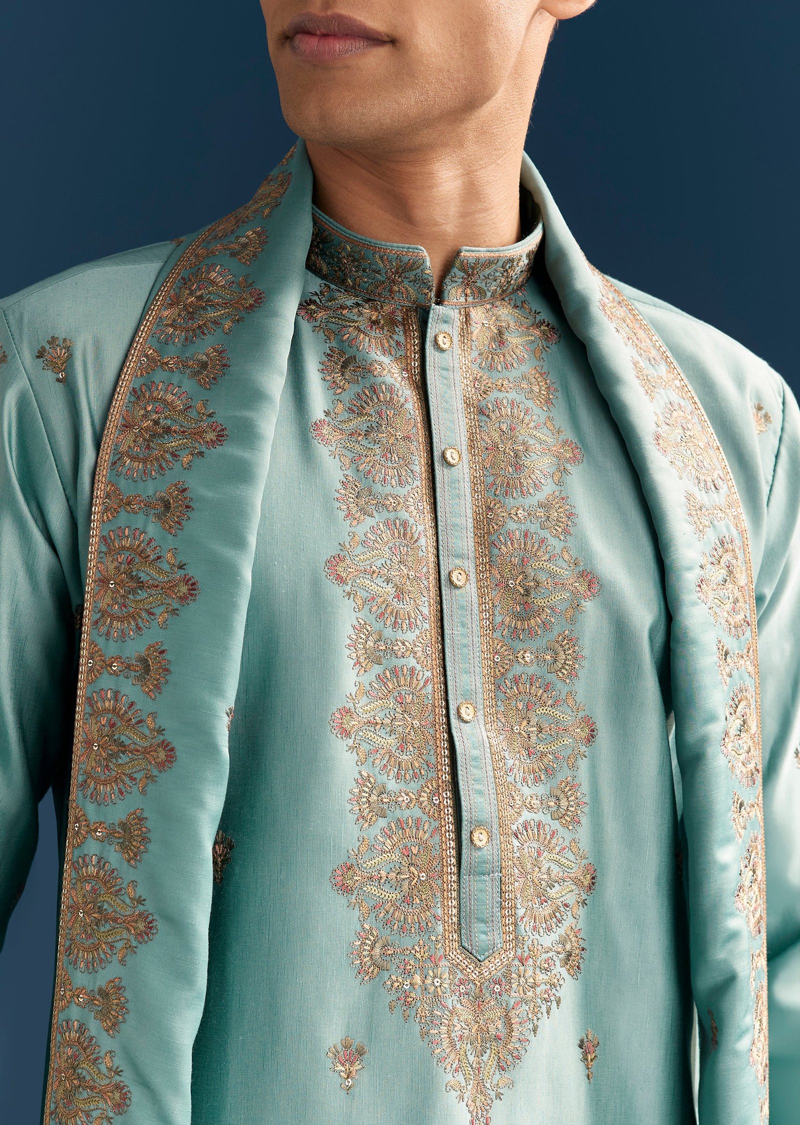 Sunshine Duo Couple Set – Yellow Georgette Bridesmaid Lehenga for Her And Blue Silk Thread Embroidered Kurta Set for Him - Image 8