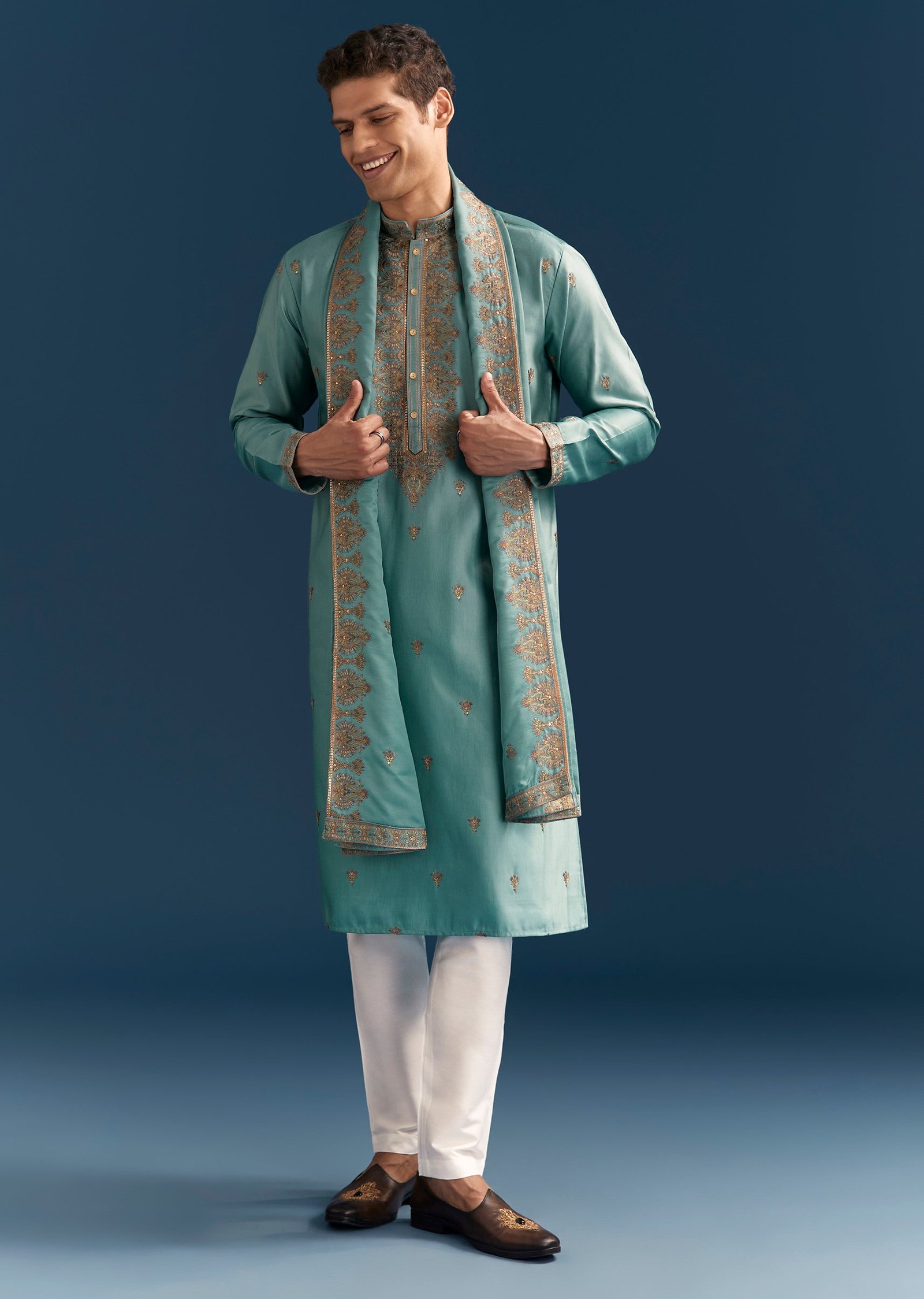 Sunshine Duo Couple Set – Yellow Georgette Bridesmaid Lehenga for Her And Blue Silk Thread Embroidered Kurta Set for Him - Image 10