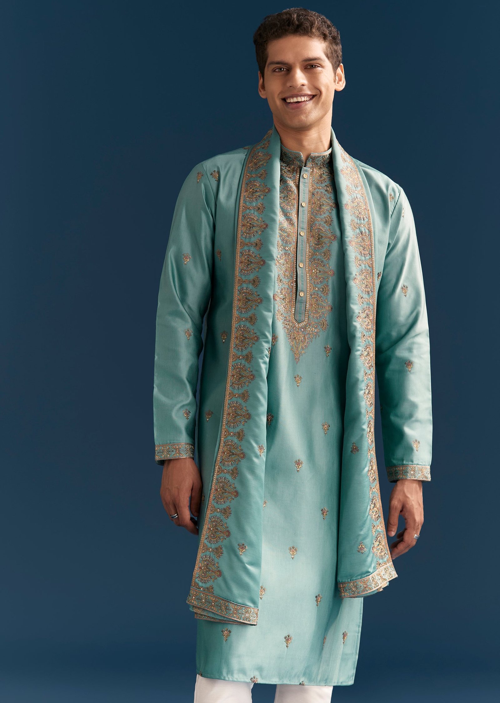Sunshine Duo Couple Set – Yellow Georgette Bridesmaid Lehenga for Her And Blue Silk Thread Embroidered Kurta Set for Him - Image 9