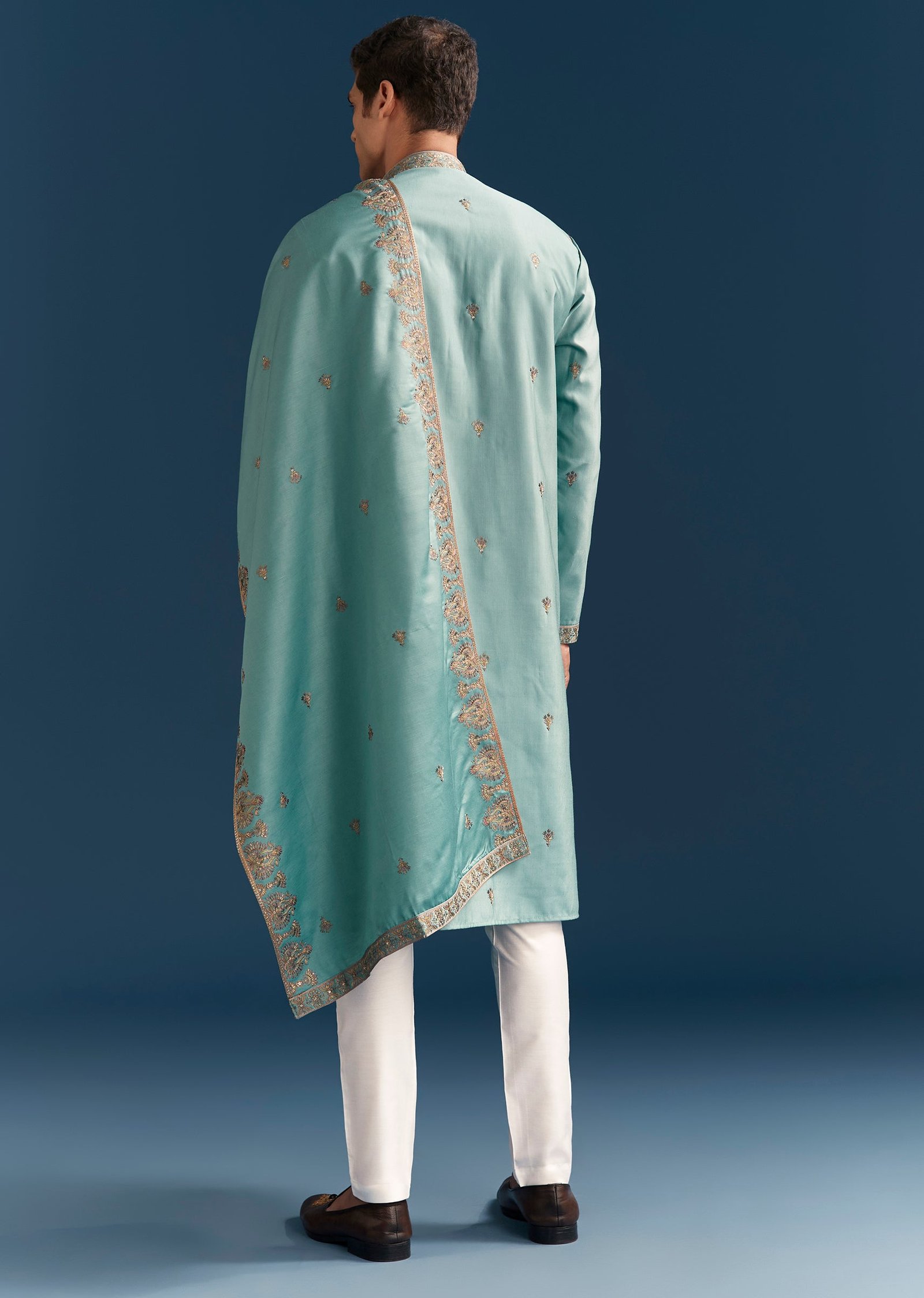 Sunshine Duo Couple Set – Yellow Georgette Bridesmaid Lehenga for Her And Blue Silk Thread Embroidered Kurta Set for Him - Image 12