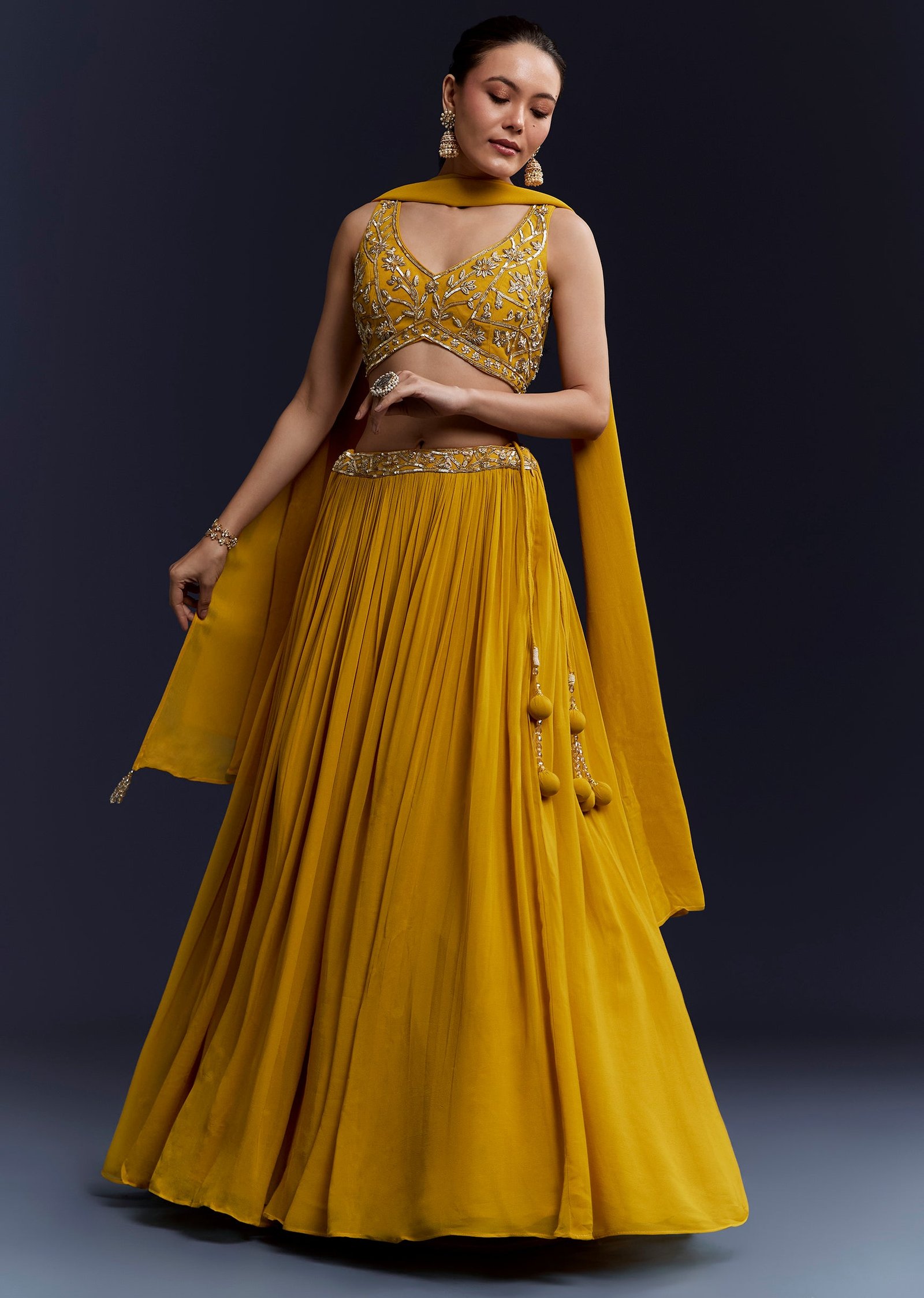 Sunshine Duo Couple Set – Yellow Georgette Bridesmaid Lehenga for Her And Blue Silk Thread Embroidered Kurta Set for Him - Image 3