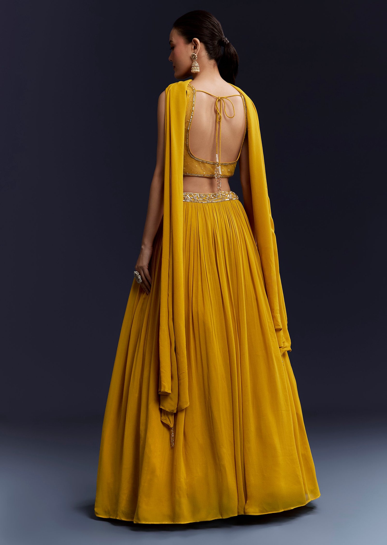 Sunshine Duo Couple Set – Yellow Georgette Bridesmaid Lehenga for Her And Blue Silk Thread Embroidered Kurta Set for Him - Image 4