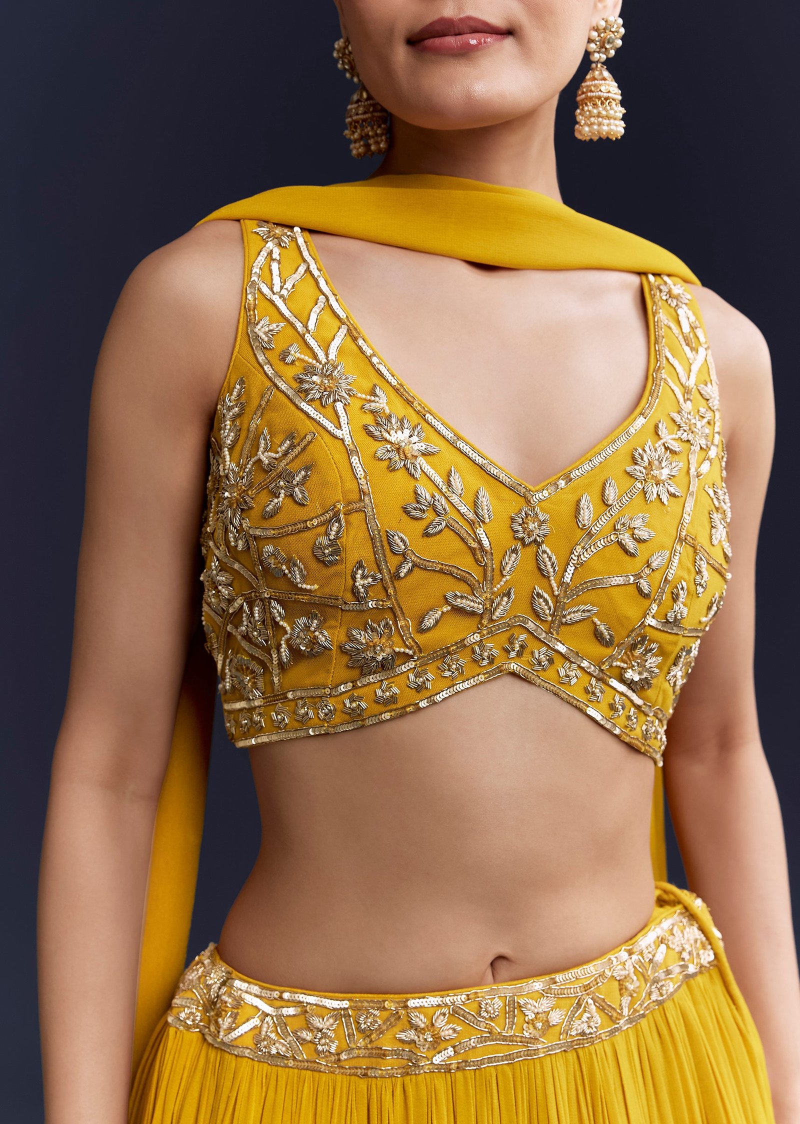 Sunshine Duo Couple Set – Yellow Georgette Bridesmaid Lehenga for Her And Blue Silk Thread Embroidered Kurta Set for Him - Image 5
