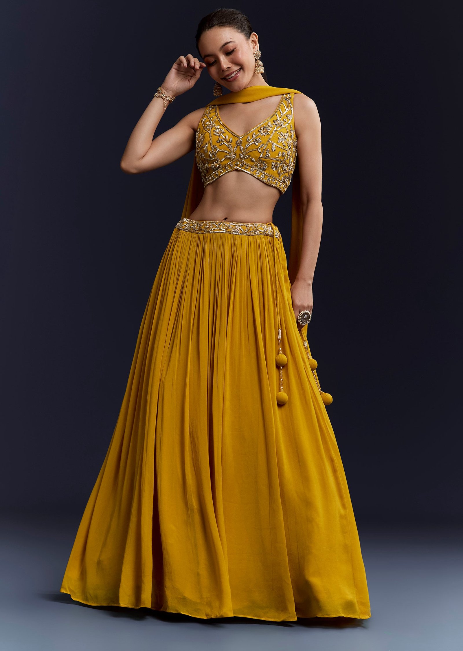Sunshine Duo Couple Set – Yellow Georgette Bridesmaid Lehenga for Her And Blue Silk Thread Embroidered Kurta Set for Him - Image 6