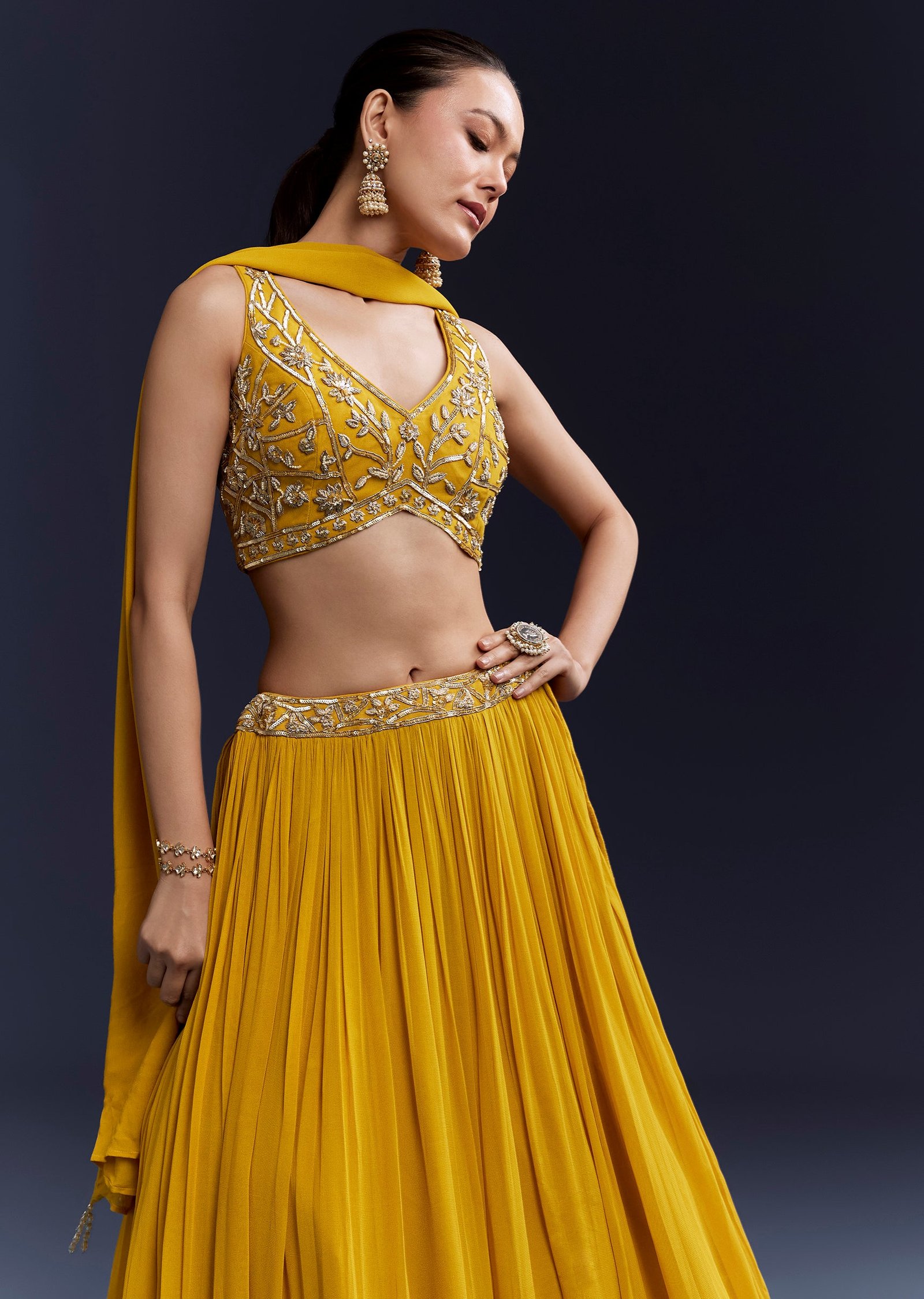Sunshine Duo Couple Set – Yellow Georgette Bridesmaid Lehenga for Her And Blue Silk Thread Embroidered Kurta Set for Him - Image 7