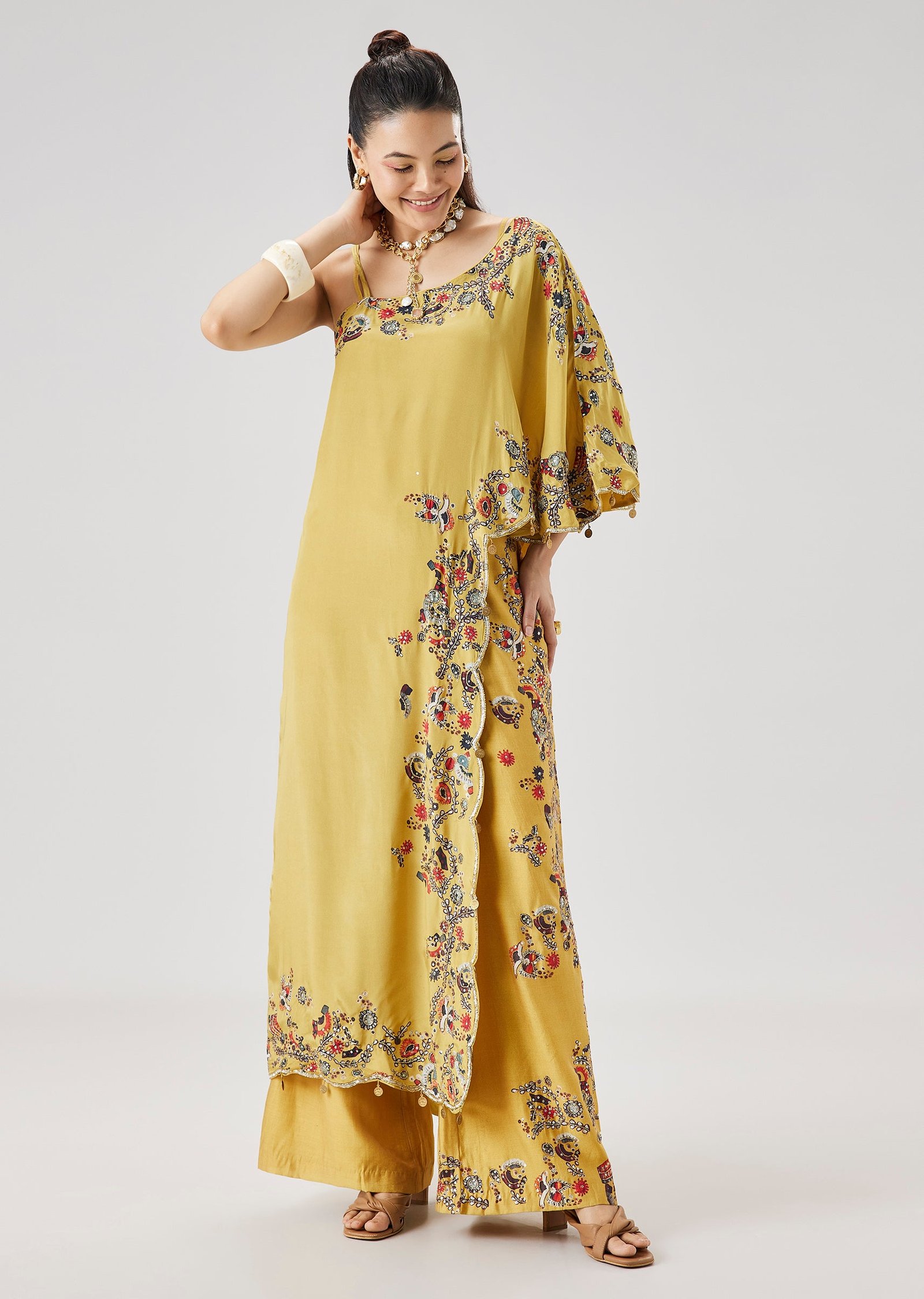 Yellow OneShoulder Printed Crop Top Palazzo Set - Image 7