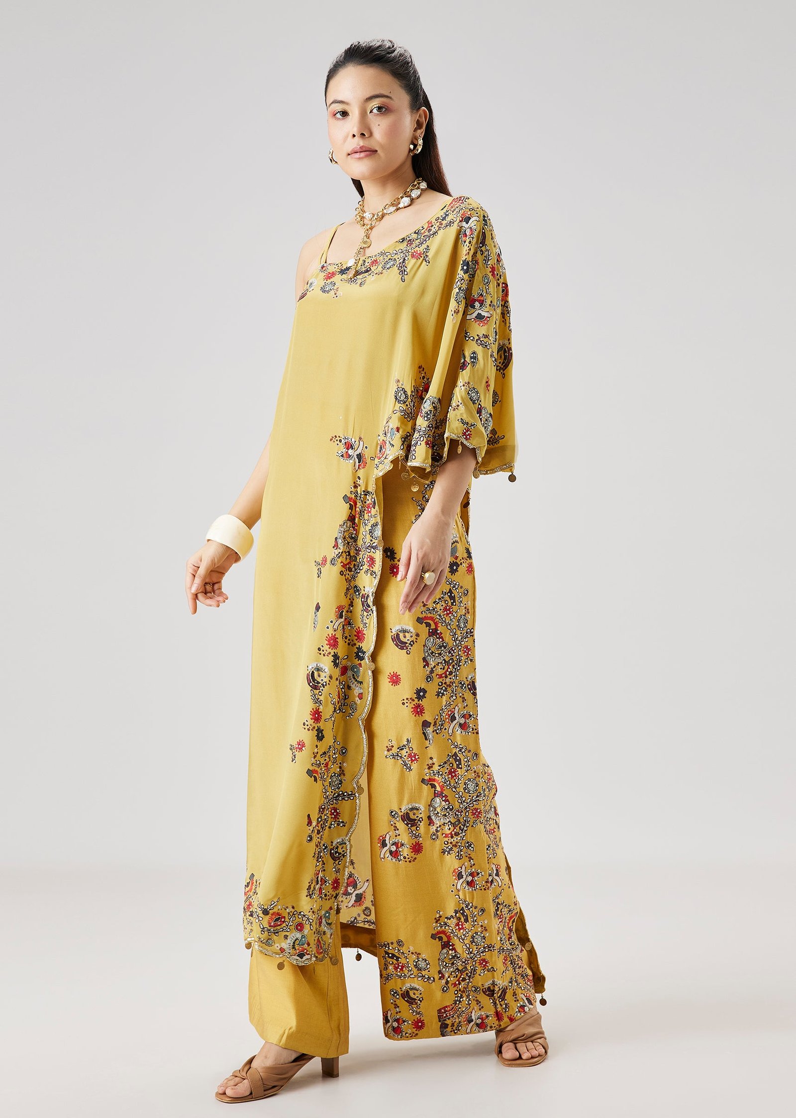 Yellow OneShoulder Printed Crop Top Palazzo Set - Image 9