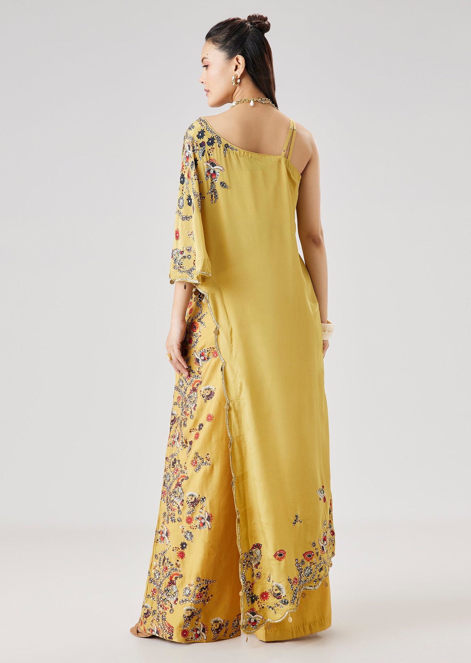 Yellow OneShoulder Printed Crop Top Palazzo Set - Image 11