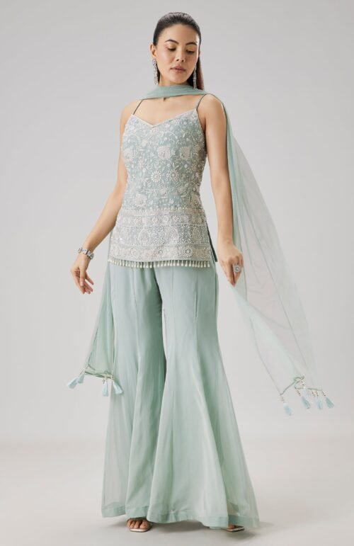 Sky Blue Embroidered Palazzo Set With Dupatta