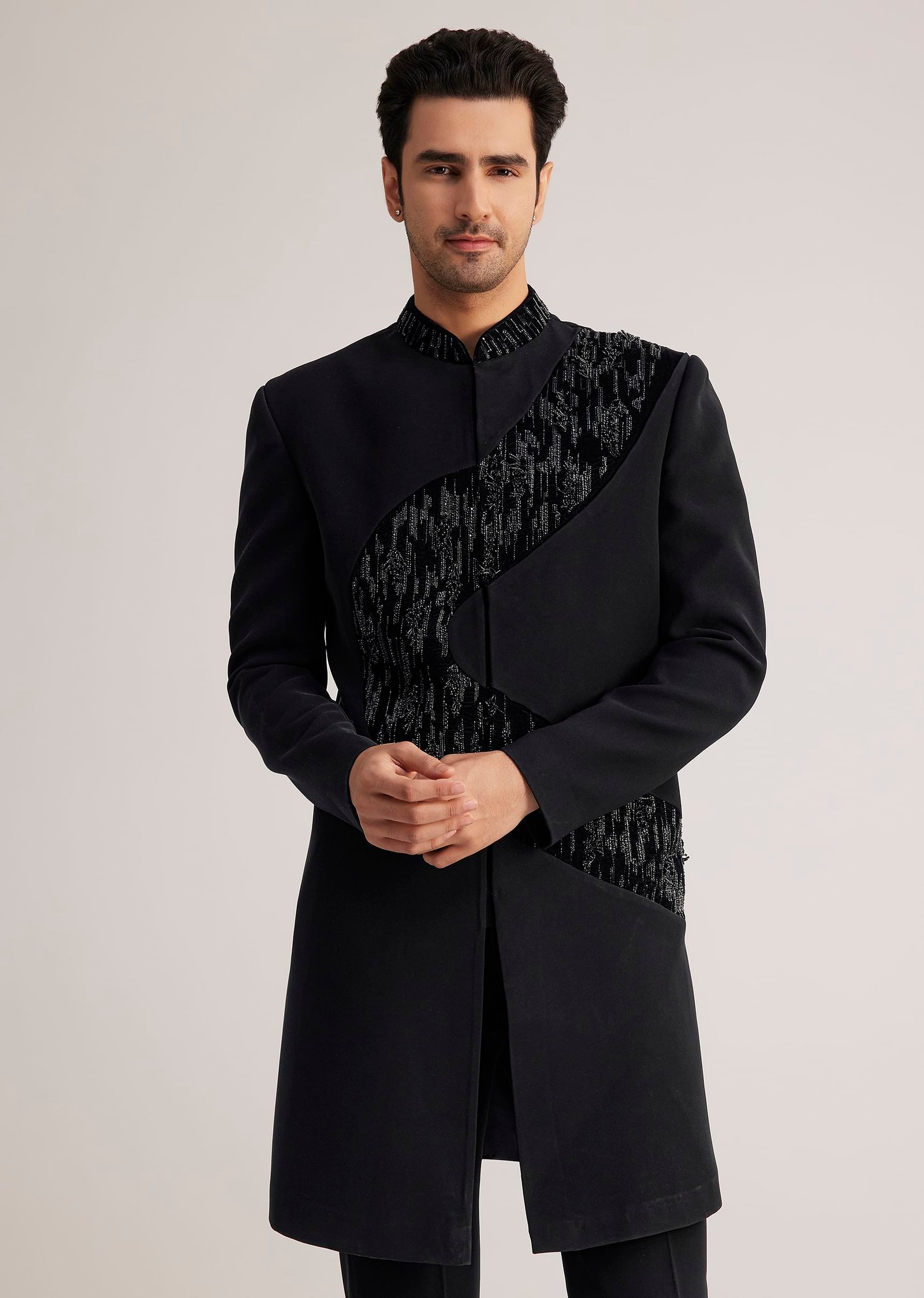 Black Velvet Indowestern Set With Cut Work Embroidery - Image 3
