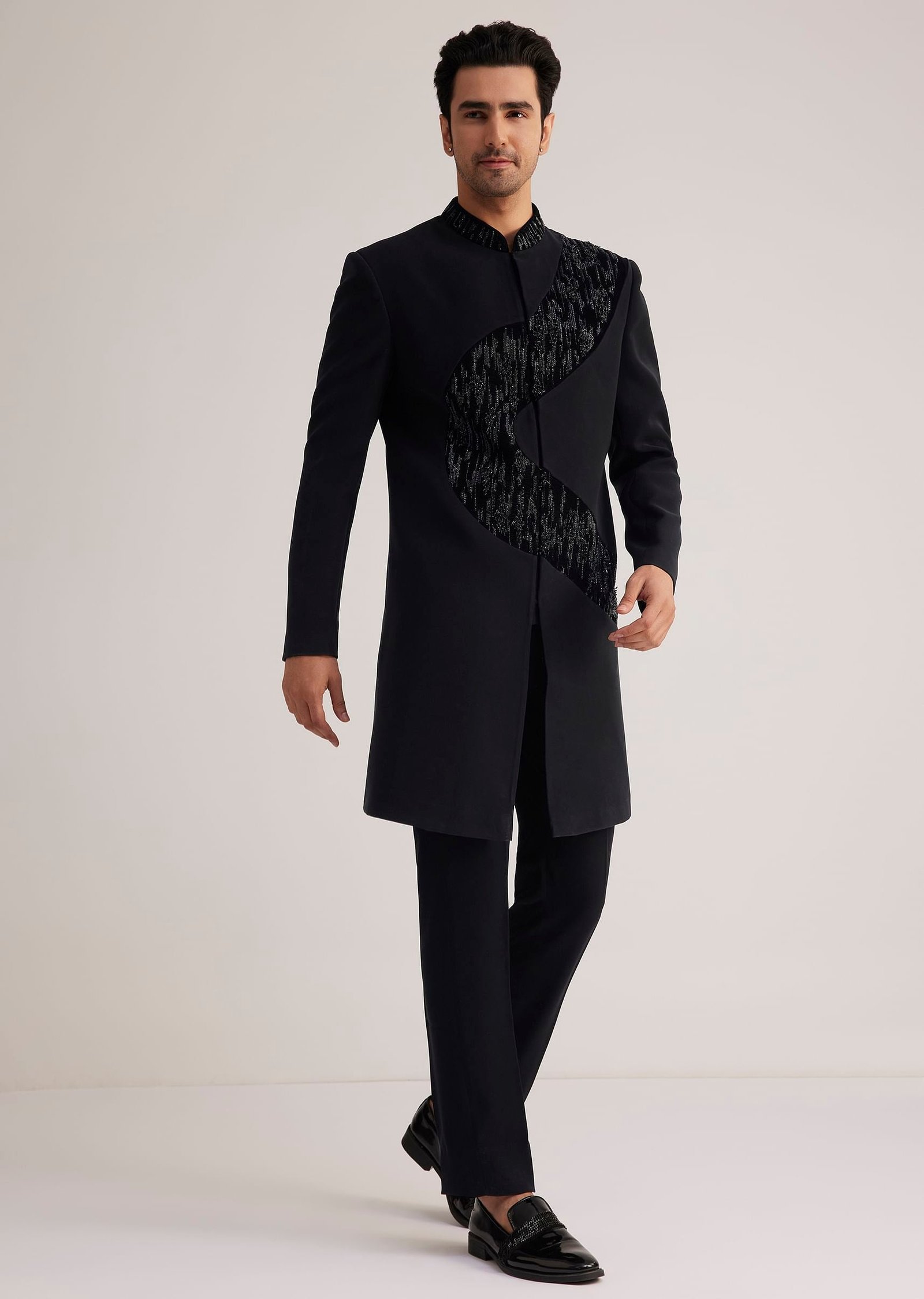 Black Velvet Indowestern Set With Cut Work Embroidery - Image 2