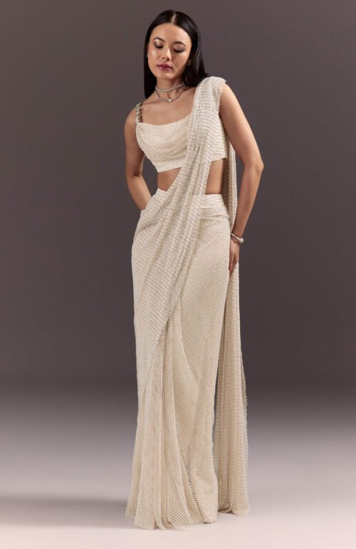White Pre Draped Saree With Crystal Work And Cowl Blouse