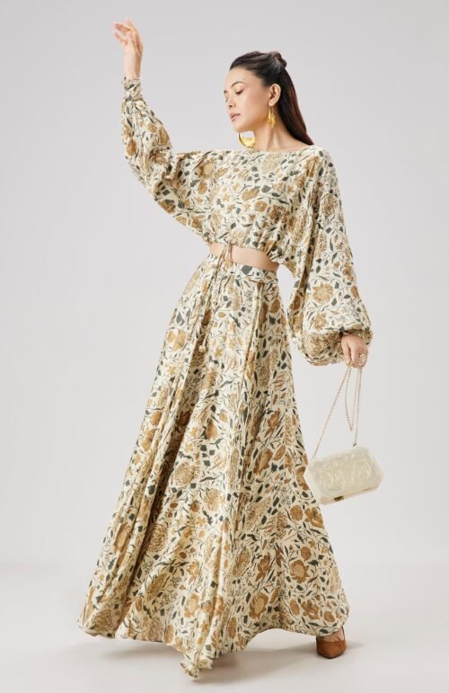 Yellow Floral Printed Crop Top And Skirt Set