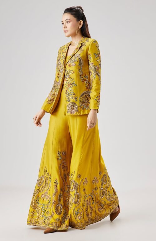 Yellow Printed Silk Crop Top Palazzo Set With Embellished Jacket