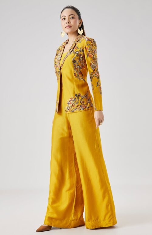 Yellow Printed Silk Ensemble with Crop Top Palazzo Pants And Embellished Jacket